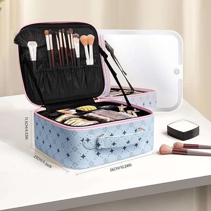 Travel Makeup Bag With 360° rotating LED Mirror,Waterproof cosmetic organizer,Portability Cosmetic case,Makeup organizer,Gift for Women,Girls Gift (Blue+Pink)