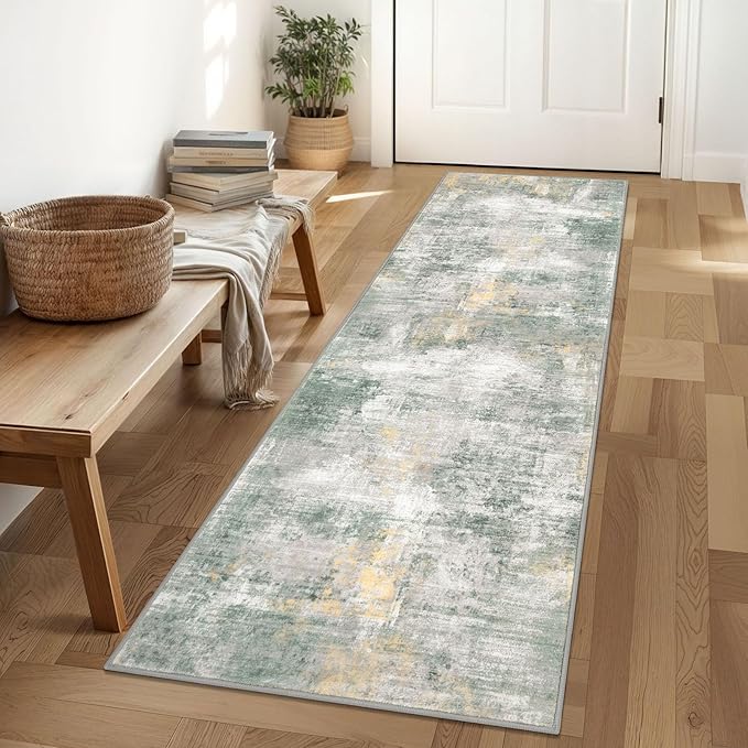 IOHOUZE Abstract Runner Rug 2x6 Ft Washable Runners for Hallways, Non Slip Kitchen Runner Printed Faux Wool Entryway Runner Indoor, Modern Abstract Carpet for Hall Kitchen, Light Green/Gray/Orange