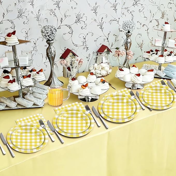 180Pcs Yellow Gingham Party Supplies Paper Plates and Napkins Serve 60 |