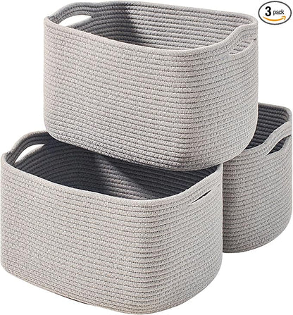 Storage Baskets for Organizing Shelves, Woven Cotton Rope Bins for Baby Nursery Organization, Book Toy Towel Organizer, 15"x11"x9.5", 3 Packs, Grey