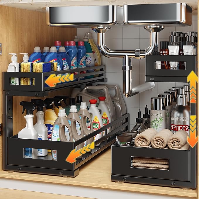 2-Pack 20.47"Deep Under Sink Organizer And Storage,2-Tier L-Shaped Pull Out Cabinet Organizer with Upgraded Slide Rails,Height Adjustable Drawers for Kitchen&Bathroom,Extra-Large Storage Shelves–Black