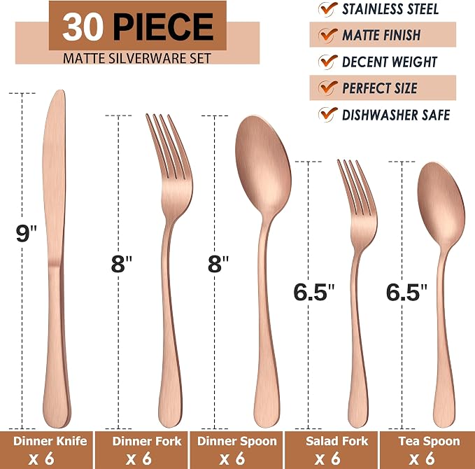 LIANYU 30 Piece Matte Copper Silverware Set, Stainless Steel Copper Cutlery |