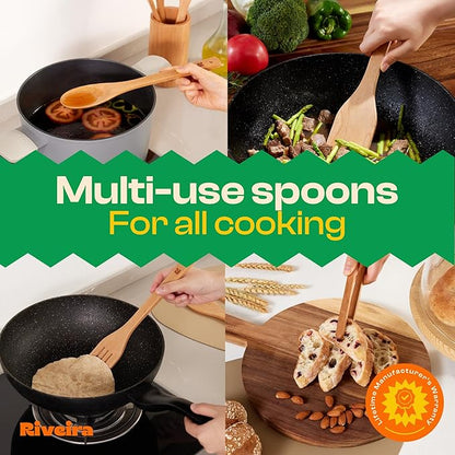 Riveira Cherry Wooden Spoons for Cooking Set of 9 – Natural Cherry Wooden Cooking Utensils, Wooden Spatula, Wooden Spoon - Premium Quality Wooden Utensil Set for Non-Toxic Cooking