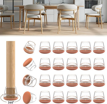24PCS Upgraded Silicone Chair Leg Floor Protectors for Hardwood Floors, Furniture Sliders for Chair Legs, 360°Felt Pad Bottom Wrapped Thickening Furniture Pads Cap Covers to Scratch and Reduce Noise