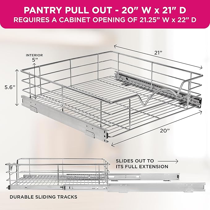 HOLDN’ STORAGE Heavy-Duty Premium Collection Pull Out Cabinet Organizer, Cabinet Drawer Slide Outs, Lifetime Limited Warranty - Basket Size 20" W x 21" D x 5" H, Anti-Rust Chrome Finish