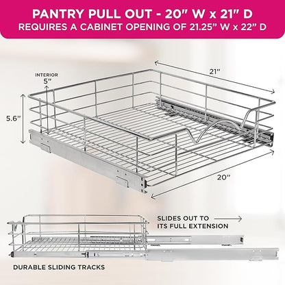 HOLDN’ STORAGE Heavy-Duty Premium Collection Pull Out Cabinet Organizer, Cabinet Drawer Slide Outs, Lifetime Limited Warranty - Basket Size 20" W x 21" D x 5" H, Anti-Rust Chrome Finish