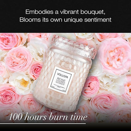 Voluspa Rose Colored Glasses, Large Candle Jar, 18 Ounce, 100 Hour Burn Time, Coconut Wax for Clean Burning, Handcrafted in The USA