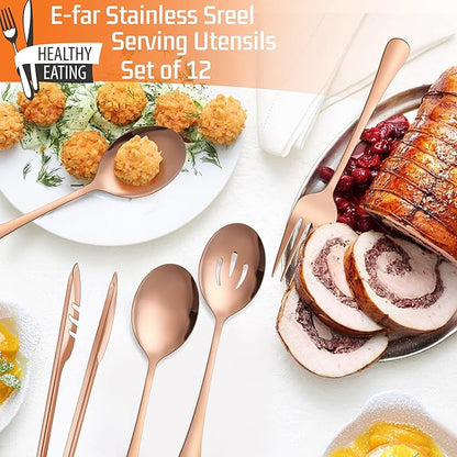 E-far Stainless Steel Serving Utensils Set of 12, 9.8 Inch Slotted Spoon, 9.9 Inch Forks, 9.4 Inch Tong for Buffet Catering, Mirror Finish & Dishwasher Safe