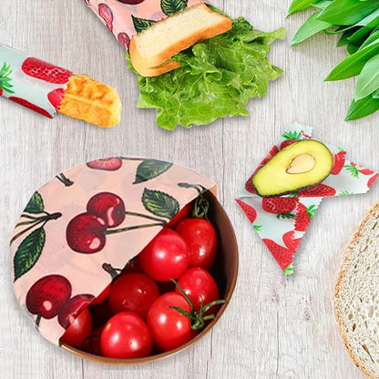 Reusable Beeswax Wrap, 4 Pack Eco-Friendly Beeswax Wraps For Food, Organic, Sustainable, Biodegradable, Zero Waste, Plastic-Free Food Storage, 1L Avocado, 1M Cherry, 1S Strawberry, 1XS Lemon Patterns