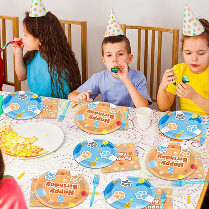 96Pcs Blue Dog Happy Birthday Party Supplies Cartoon Puppy Paper Plates and