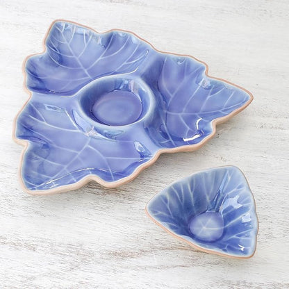 NOVICA Artisan Handmade Ceramic Appetizer Dishes Blue Leaf from Thailand Pair
