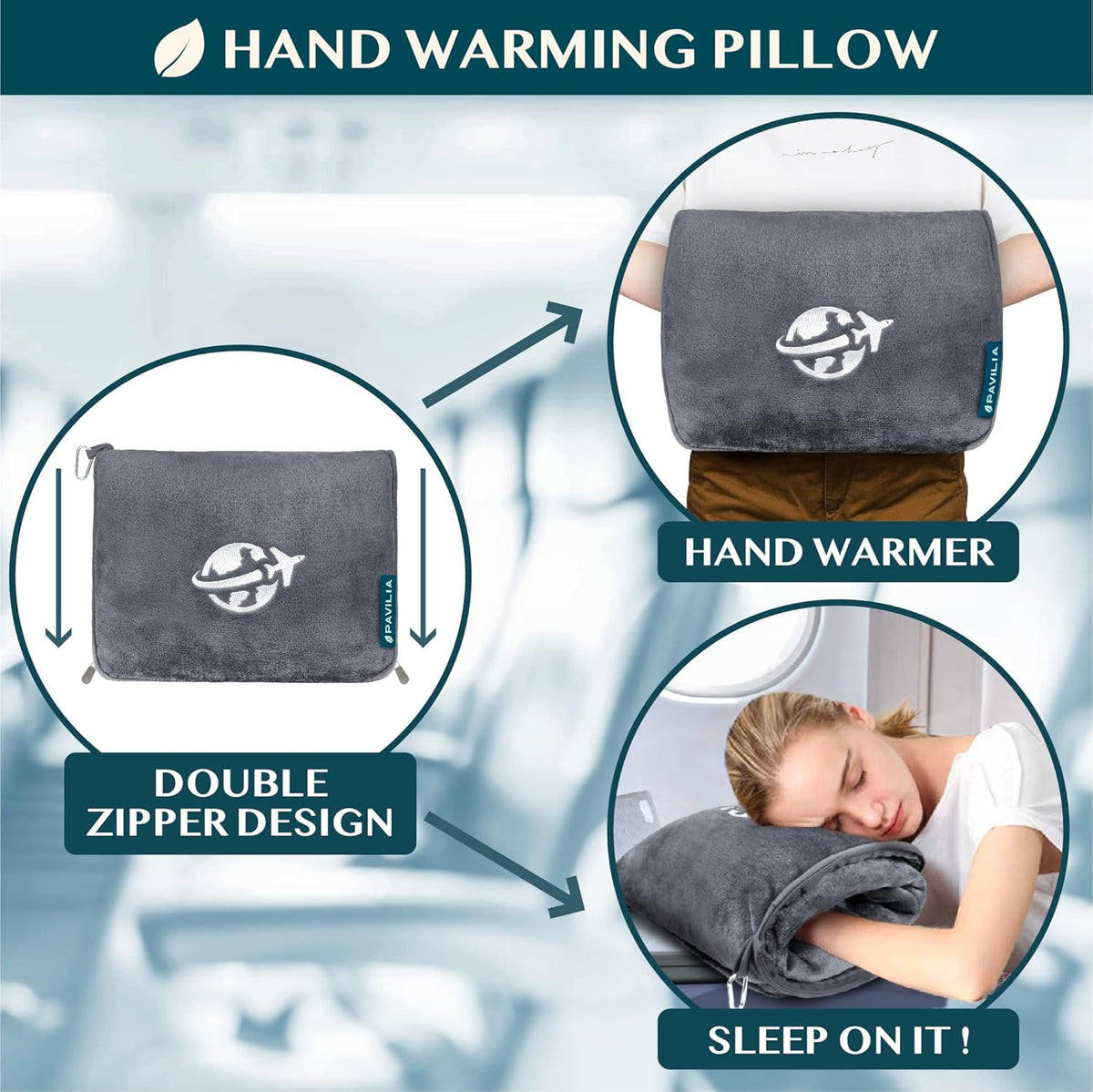 PAVILIA Travel Blanket and Pillow, Arms Opening Airplane Blankets for Adults, Compact Plane Blanket with Arm Hole 2-in-1 Bag for Flight Car Camping Fit in Luggage Backpack Traveler Gift, Dark Gray