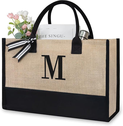 TOPDesign Initial Jute/Canvas Tote Bag, Personalized Present Bag, Suitable for Wedding, Birthday, Beach, Holiday, is a Great Gift for Women, Mom, Teachers, Friends, Bridesmaids (Letter M)