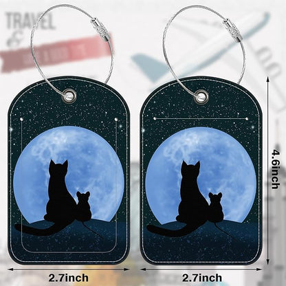 2 Pack Luggage Tag for Suitcase Cat Under The Moon Leather Suitcase Tags with Privacy Name ID Label and Stainless Steel Loop for Travel Bag