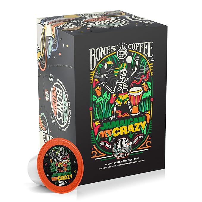 Bones Coffee Company Flavored Coffee Bones Cups Jamaican Me Crazy Flavored Pods | 12ct Single-Serve Coffee Pods Compatible with Keurig 1.0 & 2.0 Keurig Coffee Maker