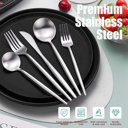 Lemeya Matte Silverware Set for 8,Modern Stainless Steel Brushed Cutlery Set,40-Pieces Heavy Duty Flatware Set,Knives Spoons and Forks Set Utensils Set, Satin Finish, Dishwasher Safe
