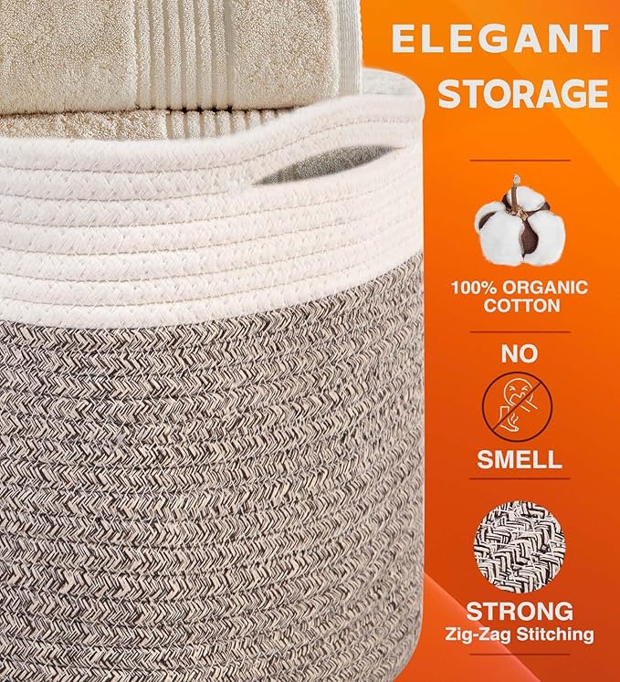 CHAT BLANC Cotton Rope Baskets for Organizing | 15”x10”x9” Storage Baskets for Shelves | Small Laundry Woven Baskets for Storage, Dog Toy Bin, Baby Basket,Off White&Brown 3 Pack