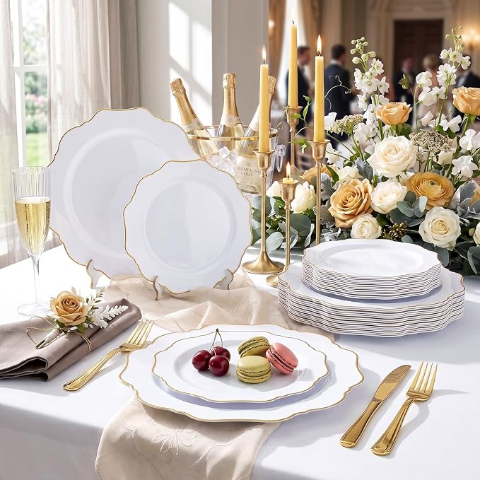 50PCS White and Gold Plastic Plates