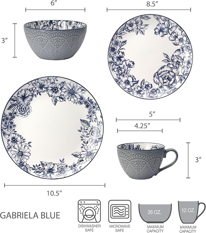 Pfaltzgraff Gabriela Blue 16-Piece Dinnerware Set, Service