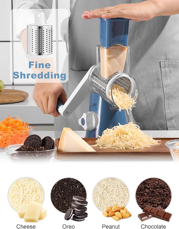 Cheese Grater Rotary, Rotary Grater for Kitchen, Kitchen Grater Vegetable Slicer with 3 Drum Blades, Fast Cutting Cheese Shredder for Vegetables and Nuts