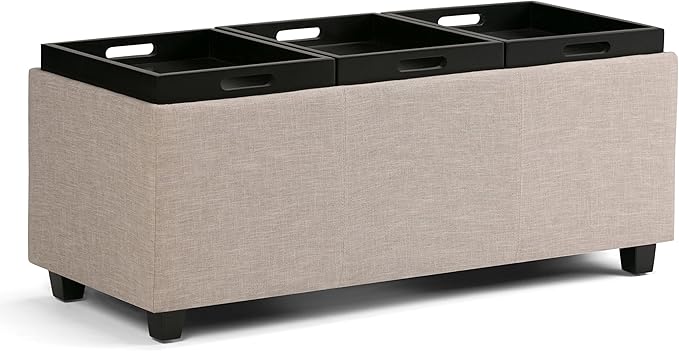 SIMPLIHOME Avalon 42 inch Wide Contemporary Rectangle Storage Ottoman in Natural Linen Look Fabric, Assembled, for the Living Room, Entryway and Family Room