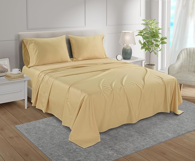 100% Cotton Sheets For King Size Bed, 800 Thread Count Breathable Bed Sheets, Soft & Comfy Naturally Cool Fully Elassticated Sheet & Pillowcase Sets, Machine Washable No Pill Fade Resistant- Semolina