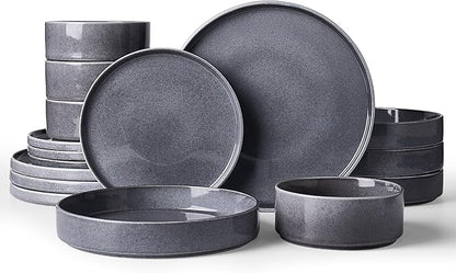 Famiware Annecy Plates and Bowls Sets, Service for 4 (16 Pieces), Dinnerware Sets with Pasta Bowls, Microwave and Dishwasher Safe Dishes Set, Chip and Scratch Resistant, Misty-Blue