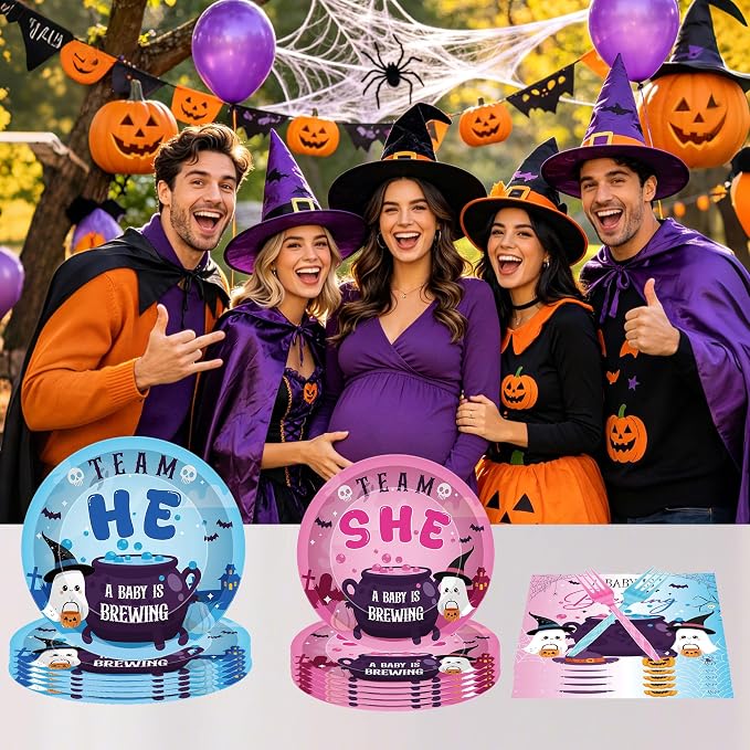 96 Pcs Halloween Gender Reveal Decorations, Baby Is Brewing Tableware Set |