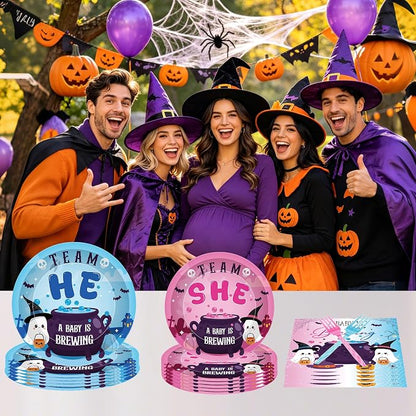 96 Pcs Halloween Gender Reveal Decorations, Baby Is Brewing Tableware Set |