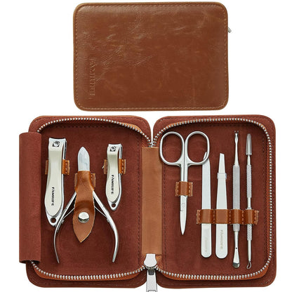 FAMILIFE Manicure Set, Nail Clippers Pedicure Tool, 8 pcs Stainless Steel Manicure Kit Professional Grooming Tool, Nail Kit with Portable Brown Leather Travel Case Luxury Gifts for Men