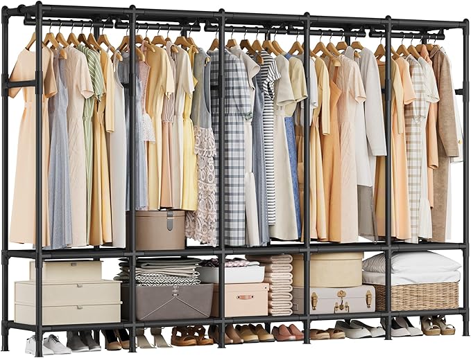 SONGMICS Wardrobe Closet, 83.5 Inch Large Capacity Portable Closet, Clothing Rack, 25 mm Dia,Thick Steel Tubes, Clothes Organizer with Fabric Cover, 5 Hanging Rails, 10 Shelves, Ink Black URDR095B01