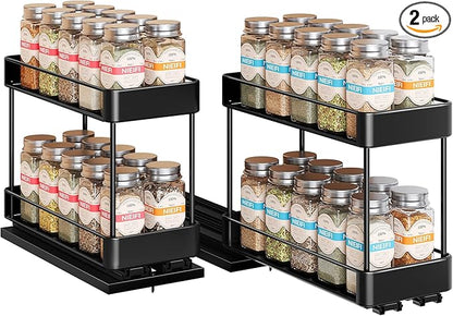 Nieifi Spice Rack Organizer for Cabinet, Vertical Spice Rack Pull Out, Easy to Install, Metal, 4.5''Wx10.35''Dx8.4''H, 2 Pack, 2 Tiers(Black)