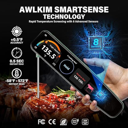 0.5s Instant Read Smart Meat Thermometer Digital, 3.8″ HD Touchscreen with Temp-OS, Professional Kitchen Food Thermometer for Cooking, Grill, BBQ | ±0.5°F, −58–572°F, IP68, USB-C Rechargeable