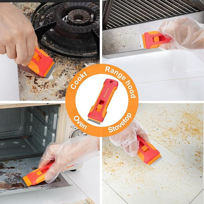 Upgraded Razor Blade Scraper with 10pcs Blades and 3Pcs small wire brushes,Scraper Tool for Cleaning Glass Window, Cooktop, Oven, Stove Scraper, Razor Scraper with Buit-In Blade Storage, Orange