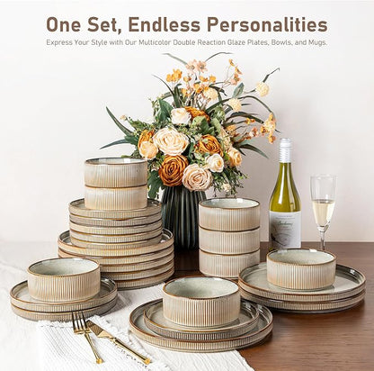 GBHOME Stoneware Dinnerware Sets for 4,Round Reactive Glaze Ceramic Plates and Bowls Set,Highly Scratch Resistant | Dishwasher & Microwave Safe Dishes Set,Service for 4(12Pcs),Green Wheat