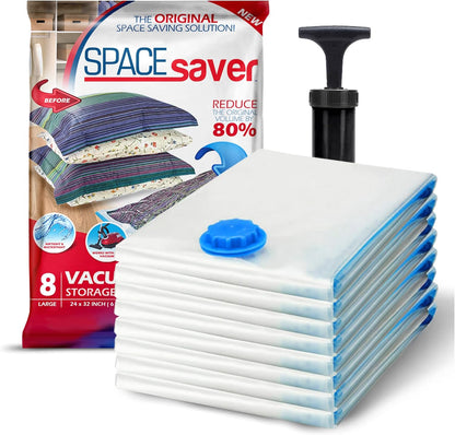 8 Pack Large Vacuum Storage Bags for Comforters, Blankets & Clothes – Vacuum Sealed Compression Bags with Hand Pump – Space Saver Storage Bags for Bedding, Moving, Travel & Organization