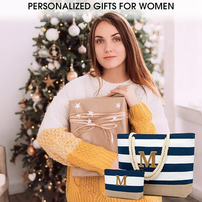 Becokan Beach Bag Initial Beach Tote with Makeup Bag for Travel Work Storage Personalized Birthday Gifts for Women Her