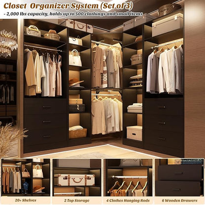 Corner Closet System with 6 Drawers, Closet Organizer System with 14 Shelves & 4 Hanging Rods, 87.2"L * 39.2"W / 63.2"L * 63.2"W Reversible L Shaped Walk-in Closets, Load 2500+LBS, Black