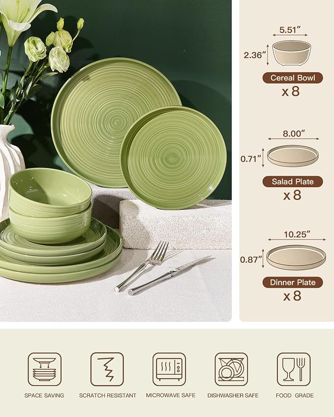 Dinnerware Sest for 8, Ceramic Plates & Bowls, Olive Green | 24-Piece Ceramic