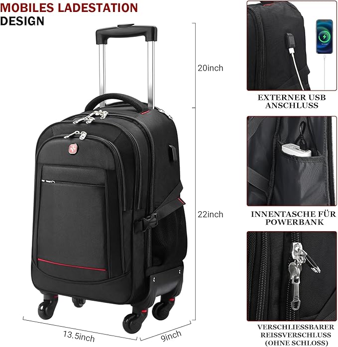 StarCloud 4-Wheel Rolling Backpack 45L (22x14x9 in): 17.3-Inch Roller Travel Laptop Backpack for Business, Water-Resistant Carry-On Luggage, Airline Approved Suitcase for Travel and Commuting
