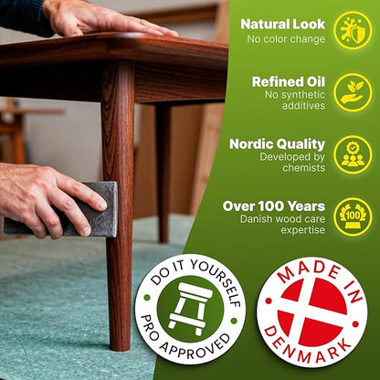 Nordicare Wood Oil Colorless - Premium Walnut Oil, Teak Oil, Wood Oil Furniture for Oak, Beech, Teak, Walnut, Pine, Larch - Natural Furniture Wood Oil - Made in Denmark - for Indoor Use (9.3 oz)