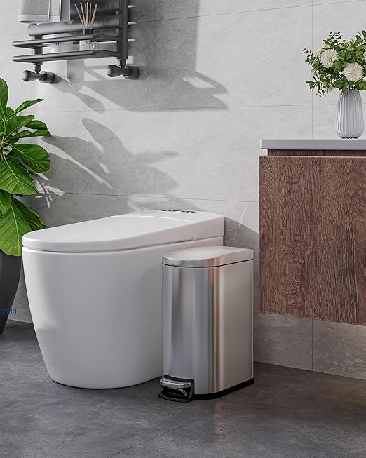 Garvee 13 Gal (50 L) and 2.6 Gal (10 L) Stainless Steel Trash Can Combo Set, Rustproof Garbage Can with Lid for Kitchen and Bathroom, Step-on Trash Bin with Inner Bucket, Rear Handle, Silver