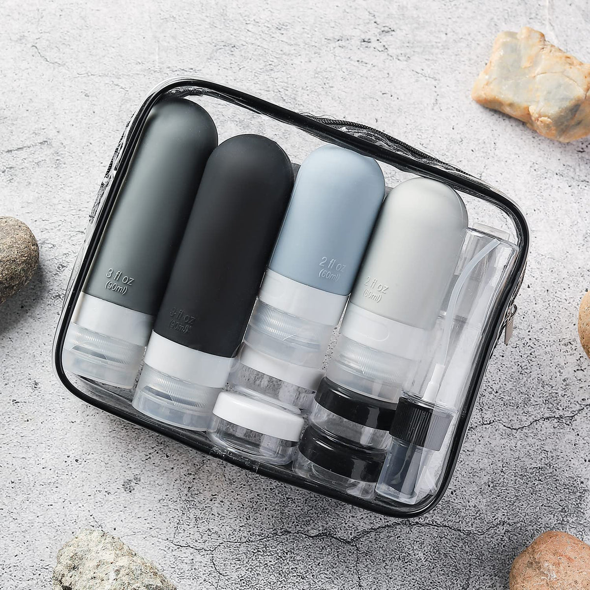 16 Pack Travel Bottles Set - TSA Approved Leak Proof Silicone Squeezable Containers for Toiletries, Conditioner, Shampoo, Lotion & Body Wash Accessories (16 pcs/Black Pack)