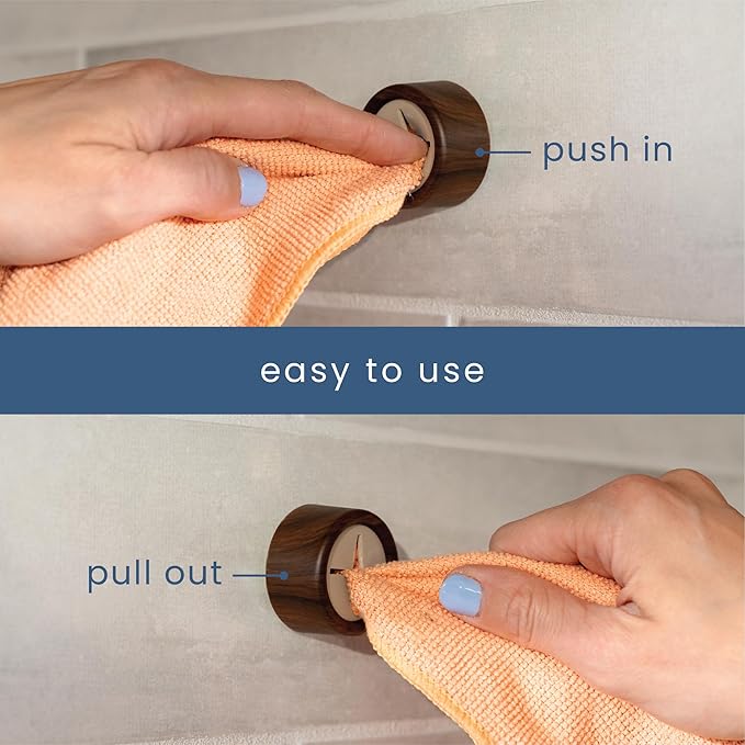S&T INC. Round Adhesive Push Towel Hooks for Kitchen, Hand and Dish Towels, Plastic, Walnut, 4 Pack