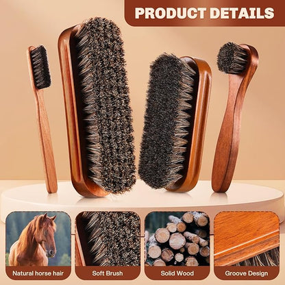 4 Pcs Horsehair Shine Shoes Brush Kit Polish Dauber Applicators Cleaning Leather Shoes Boots Care Brushes Suede Cleaner Brush with Microfiber Shoe Cloth(Brown Style A)