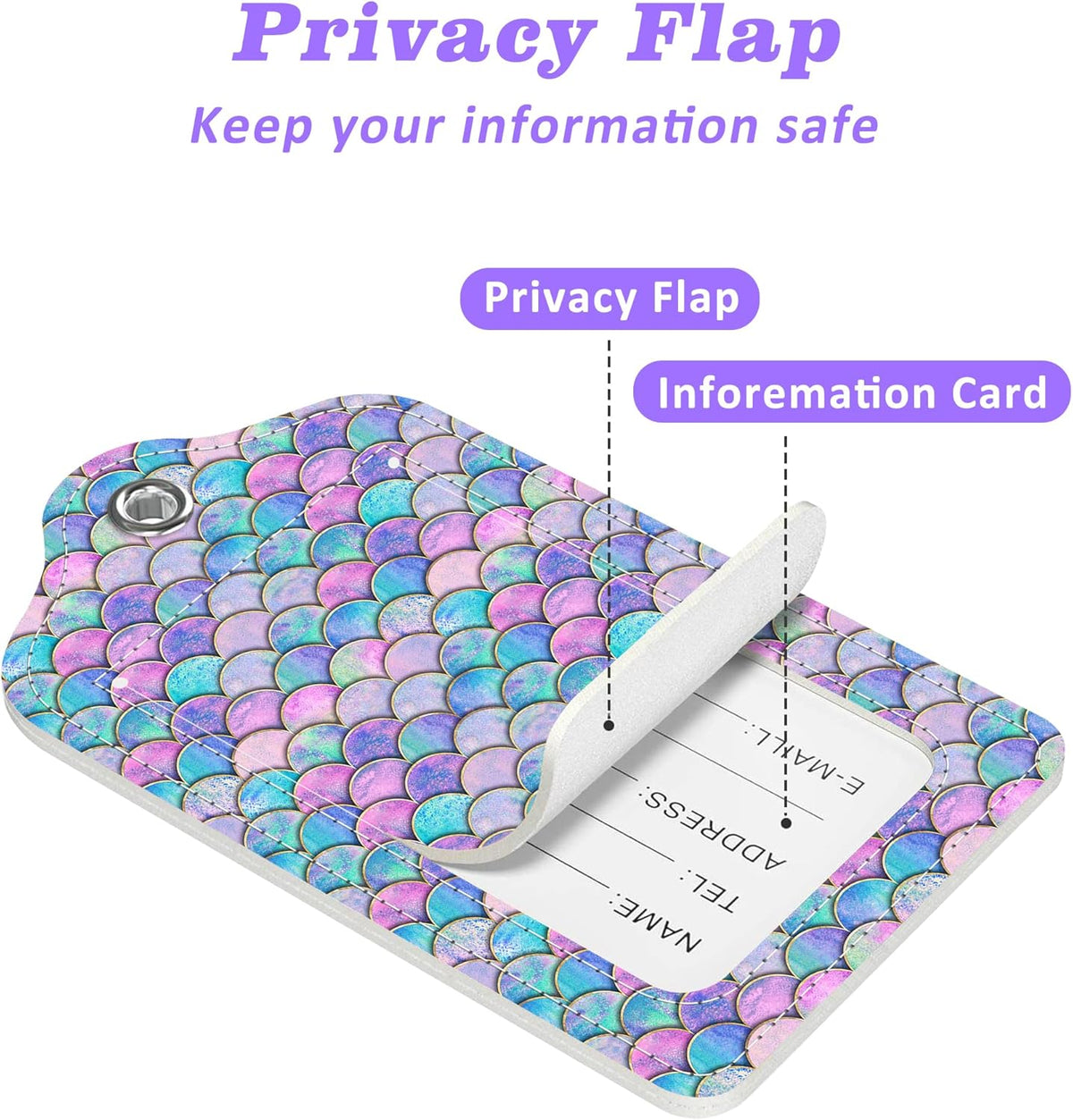 2 Pack Luggage Tags for Suitcase Watercolor Mermaid Fish Scale Wave Leather Stainless Steel Loop Label Tags for Women Men Travel Bag Suitcase with Privacy Cover Name ID Card