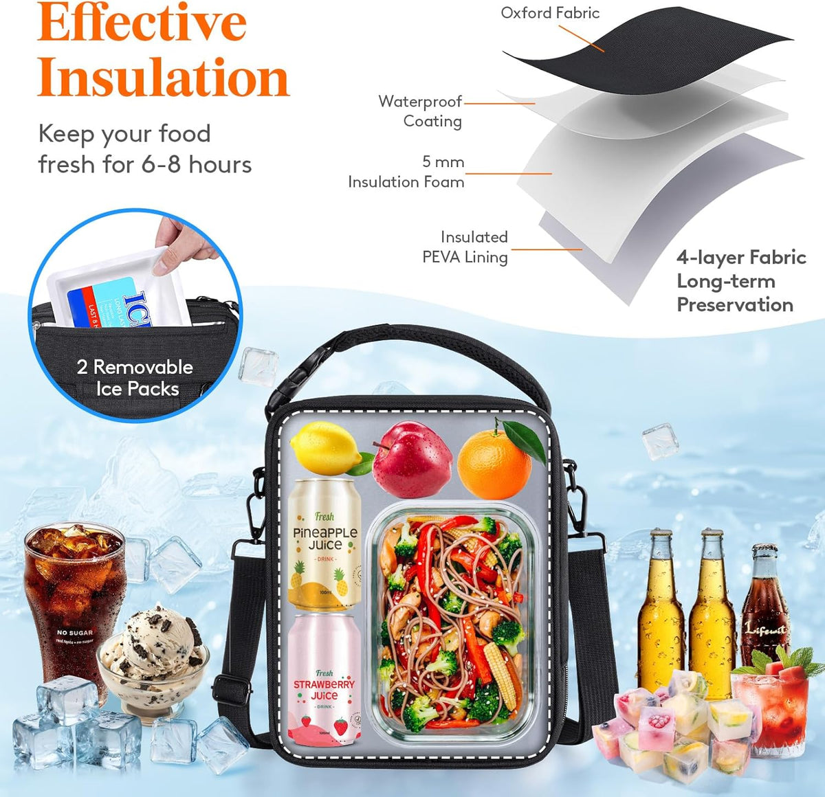 Lifewit Insulated Lunch Box for Men, Expandable Cooler Bag, Freezable Lunch Bag for Women with 2 Ice Packs and Shoulder Straps for Work Travel College, 8.2L Black