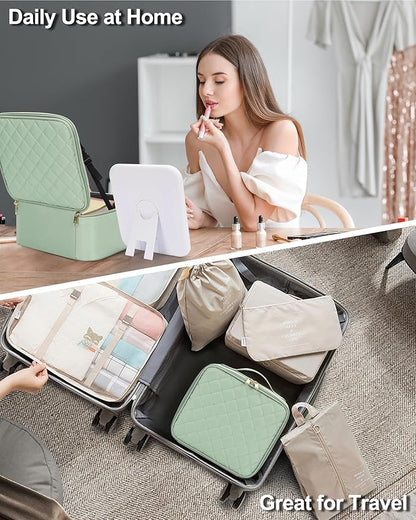 Chomeiu Makeup Bag with LED Mirror, Travel Makeup Case for Women and Makeup Artists Cosmetic Organizer Large Make Up Bags with Light Up Mirror, 3 Color Lights, Adjustable Dividers, Quilted Green