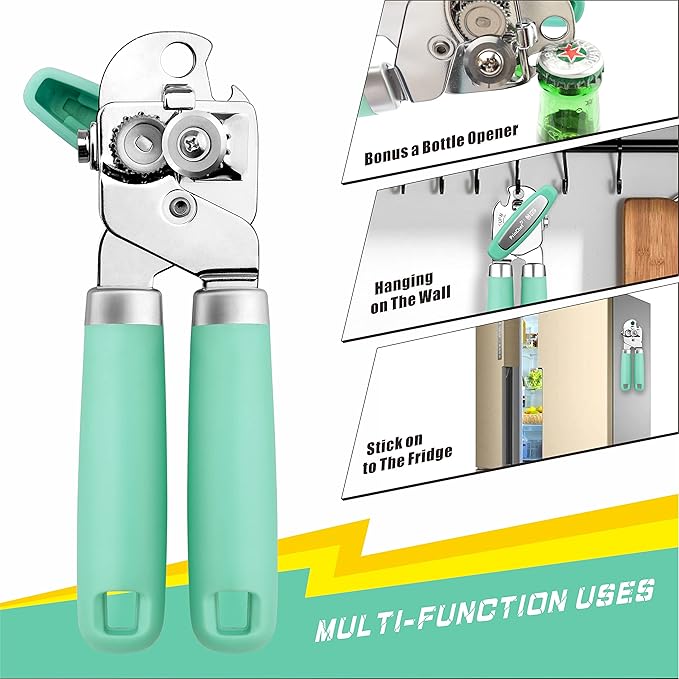 PrinChef Can Opener Manual, Can Tin Bottle Opener with Magnet - No-Trouble-Lid-Lift, Handheld Can Opener Smooth Edge with Sharp Blade, Heavy Duty and Easy to Use, for Seniors with Arthritis, Green