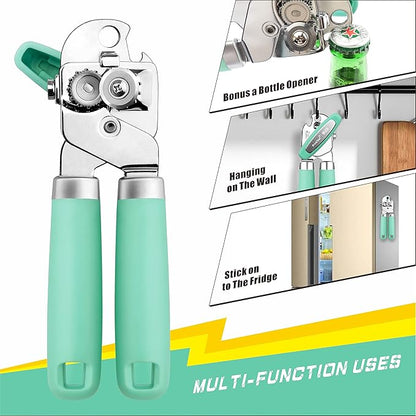 PrinChef Can Opener Manual, Can Tin Bottle Opener with Magnet - No-Trouble-Lid-Lift, Handheld Can Opener Smooth Edge with Sharp Blade, Heavy Duty and Easy to Use, for Seniors with Arthritis, Green